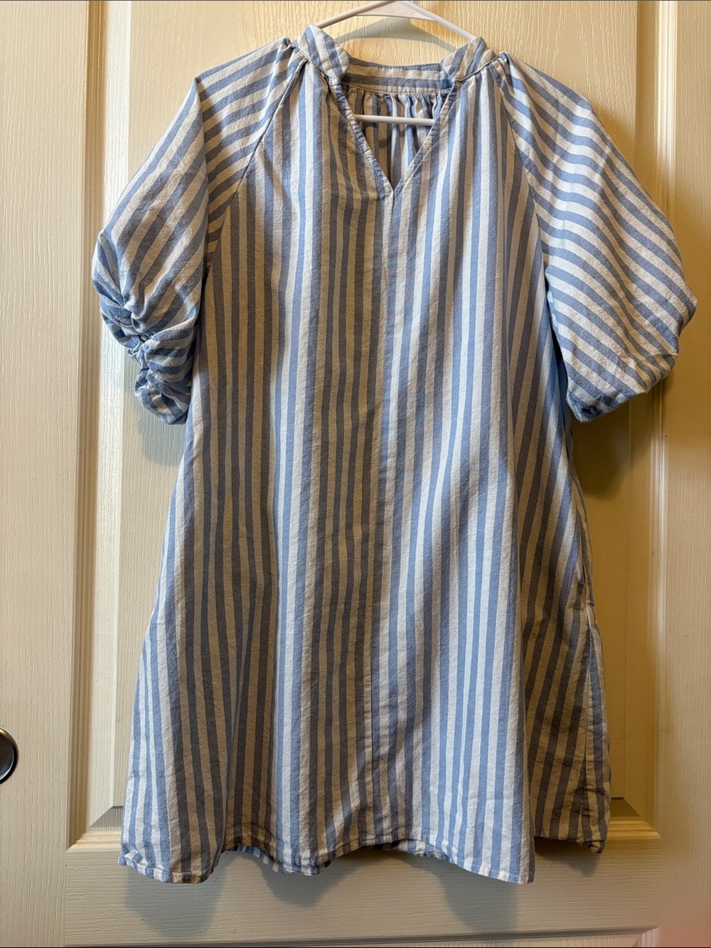 Blue and White Striped Puff-Sleeve Mini Dress